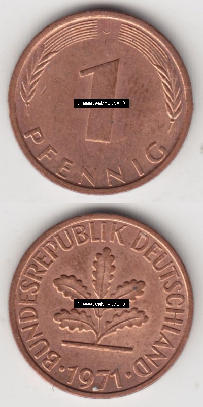 Münzen Deutschland 1 Pfennig-Deutsche Mark 1950-2001, 1 Pfennig 1971 J. Rückseite und Vorderseite in vertikaler Ansicht für... Sammlung