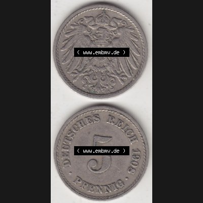 Münzen Deutschland 1871-1918 Kaiserreich 1890-1915, 5 Pfennig A, 1908 II (4) Sammlung