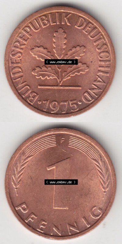 Münzen Deutschland 1 Pfennig-Deutsche Mark 1950-2001, 1 Pfennig 1975 F. Vorderseite und Rückseite in vertikaler Ansicht, einer... Sammlung