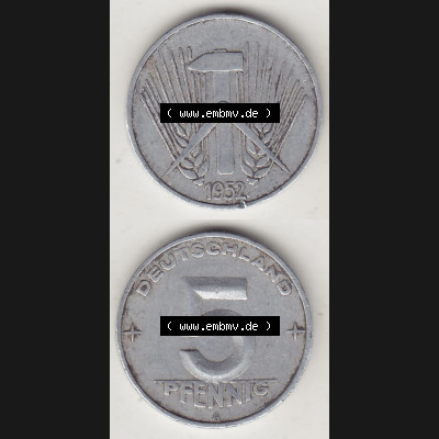 Münzen Deutschland DDR 1952-1953, A 5 Pfennig 1952-2. Vorderseite und Rückseite einer Münze in Vertikaler Ausrichtung auf einen Bild, einer 5 Pfennig Münze der ehemaligen... Sammlung