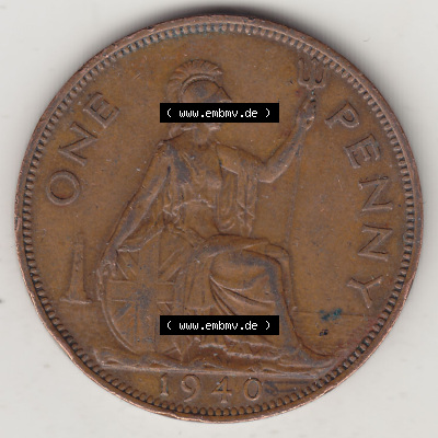 Münzen Großbritannien Eurovorläufer, Umlaufmünze vor Euroeinführung 1937-1948. 1 One Penny 1940 (Stück 1), George VI, GEORGIVS... Sammlung