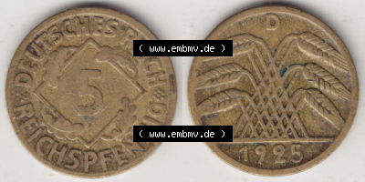 Münzen Deutschland 1918-1932 Weimarer Republik 1924-1936, 5 Reichspfennig D, 1925 (3) Sammlung