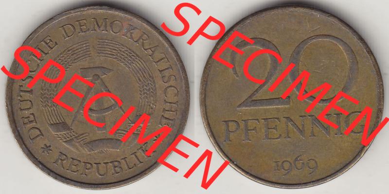 Münzen Deutschland DDR 1969-1990, 20 Pfennig 1969-6, DDR-Telefonmünze. Vorderseite und Rückseite Nebeneinander einer 20 Pfennig Münze / Umlaufmünze in der... Sammlung