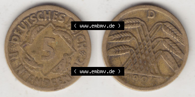 Münzen Deutschland 1918-1932 Weimarer Republik 1923-1924, 5 Rentenpfennig D, 1924 II (3) Sammlung