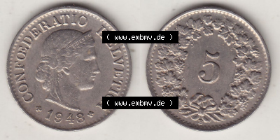 Münzen Schweiz Eurovorläufer, Umlaufmünze 1879-1980, 5 Rappen 1948 (Stück 2) Helvetica (3) Sammlung