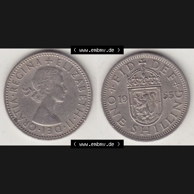 Münzen Großbritannien Eurovorläufer, Umlaufmünze vor Euroeinführung 1954-1970, 1 Schilling - One Shilling, 1955-1 Wappen mit einen Löwen. Vorderseite... Sammlung