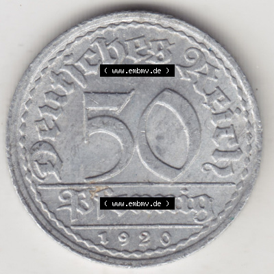 Münzen Deutschland 1918-1932 Weimarer Republik 1919-1922, 50 Pfennig A, 1920 Sich Regen Bringt Segen (1) Sammlung