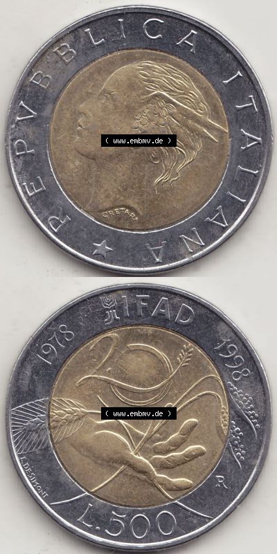 Münzen Italien / Italia Eurovorläufer, Gedenkmünze vor Euroeinführung 1998-1998, 500 Lire, 20 Jahre Internationaler Fonds... Sammlung