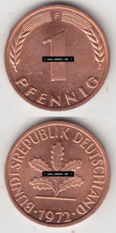 Münzen Deutschland 1 Pfennig-Deutsche Mark 1950-2001, 1 Pfennig 1972 F. Rückseite und Vorderseite in vertikaler Ansicht für... Sammlung