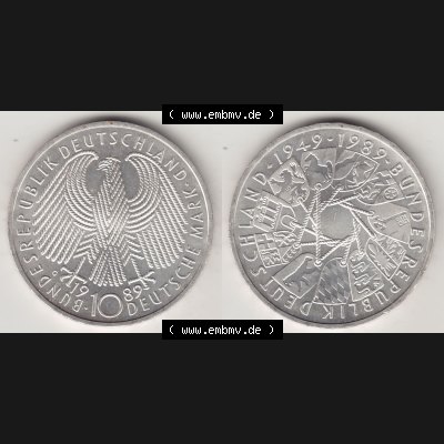 Münzen Deutschland 10 DM Silbermünze in 625er Silber 1989-1989, 10 DM Deutsche Mark, 40 Jahre BRD, Bundesrepublik Deutschland. Vorderseite und Rückseite horizontal,... Sammlung
