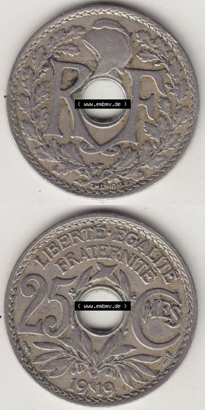 Münzen Frankreich Eurovorläufer, Umlaufmünze vor Euroeinführung 1917-1937, 25 Cmes, Centimes 1919 (Stück 1) LIBERTE EGALITE... Sammlung