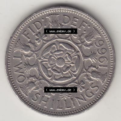 Münzen Großbritannien Eurovorläufer, Umlaufmünze vor Euroeinführung 1954-1970, 2 Schilling - Shillings 1966-4. Rückseite einer Münze aus Großbritannien... Sammlung