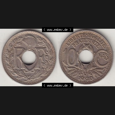 Münzen Frankreich Eurovorläufer, Umlaufmünze vor Euroeinführung 1917-1938, 10 Centimes, 10 CMES EGALITÉ FRATERNITÉ LIBERTÉ 1920-1. Rückseite... Sammlung