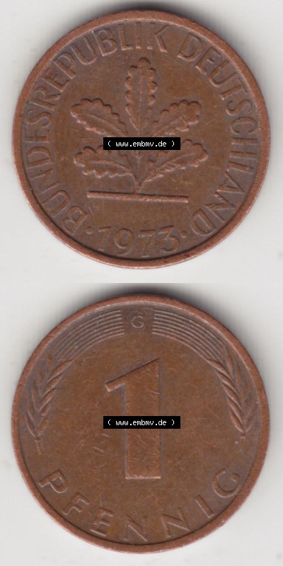 Münzen Deutschland 1 Pfennig-Deutsche Mark 1950-2001, 1 Pfennig 1973 G. Vorderseite und Rückseite in vertikaler Ansicht, einer... Sammlung