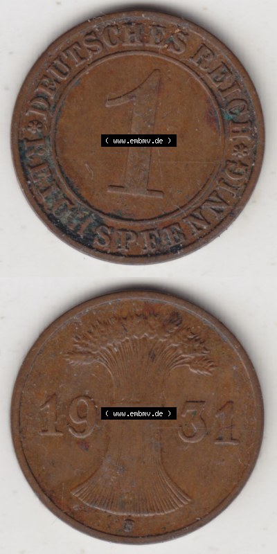Münzen Deutschland 1918-1932 Weimarer Republik 1924-1938, 1 Reichspfennig E, 1931 (4) Sammlung