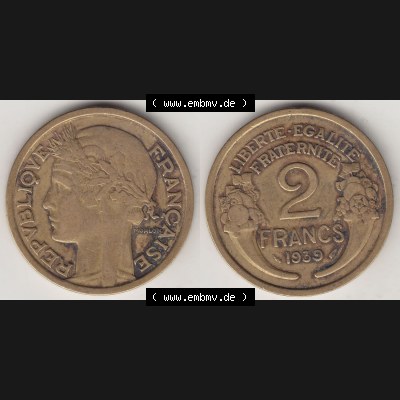 Münzen Frankreich Eurovorläufer, Umlaufmünze vor Euroeinführung 1931-1941, 2 Franken 1939-1 LIBERTE EGALITE FRATERNITE. Rückseite und Vorderseite horizontal... Sammlung