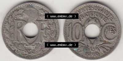 Rückseite und Vorderseite horizontal nebeneinander zusammengefügt, als Bildmaterial einer 10 Cmes / Centimes / Cent Münze aus... Sammlung