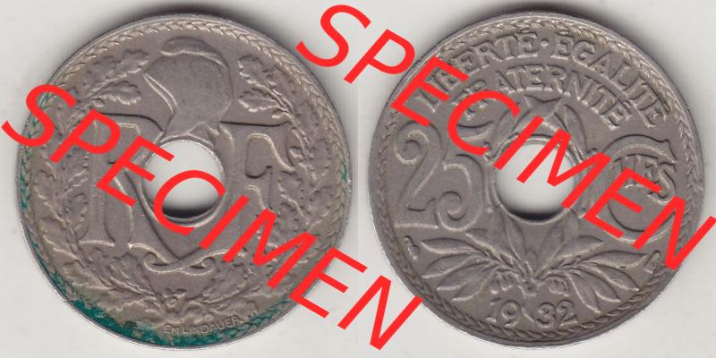 Münzen Frankreich Eurovorläufer, Umlaufmünze vor Euroeinführung 1917-1937, 25 Cmes, Centimes 1932-1 LIBERTE EGALITE FRATERNITE. Rückseite und Vorderseite... Sammlung