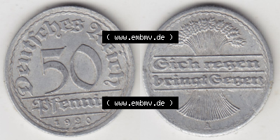 Münzen Deutschland 1918-1932 Weimarer Republik 1919-1922, 50 Pfennig A, 1920 (3) Sammlung