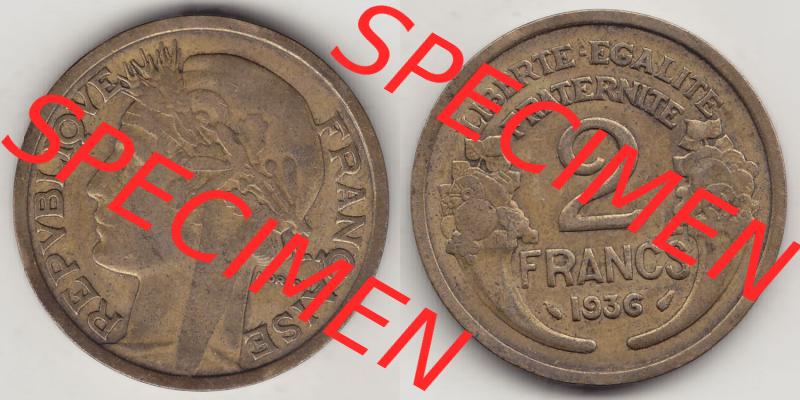 Münzen Frankreich Eurovorläufer, Umlaufmünze vor Euroeinführung 1931-1941, 2 Franken 1936-1 LIBERTE EGALITE FRATERNITE. Rückseite und Vorderseite horizontal... Sammlung