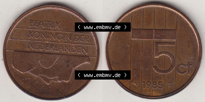 Münzen Niederlande / Netherlands Eurovorläufer, Umlaufmünze vor Euroeinführung 1982-2001, 5 Ct Cent 1985 (Stück 3) Königin... Sammlung