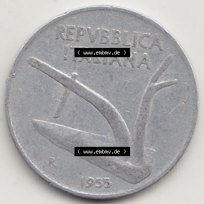 Münzen Italien / Italia Eurovorläufer, Umlaufmünze vor Euroeinführung 1951-2001, 10 Lire 1955-1. Vorderseite einer Münze aus Europa als Digitales Bild /... Sammlung