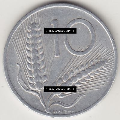 Münzen Italien / Italia Eurovorläufer, Umlaufmünze vor Euroeinführung 1951-2001, 10 Lire 1967. Rückseite einer Münze aus Europa als Digitales Bild /... Sammlung