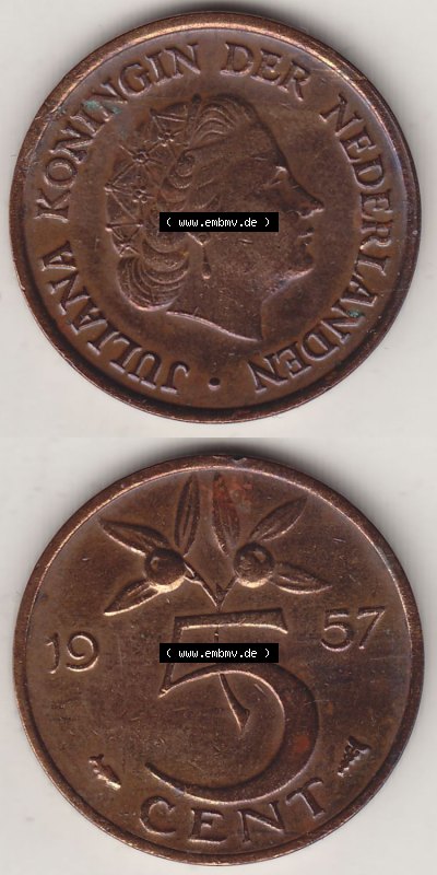 Münzen Niederlande / Netherlands Eurovorläufer, Umlaufmünze vor Euroeinführung 1950-1980, 5 Cent 1957, Königin Juliana (4) Sammlung