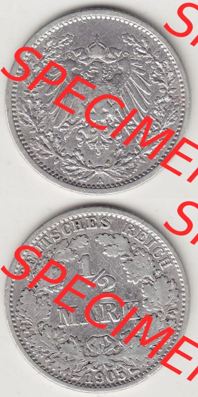 Münzen Deutschland 1871-1918 Kaiserreich Silbermünze 1905-1919, 1/2 Mark A 1905. Vorderseite und Rückseite Vertikal Untereinander, passend für Mobile-Geräte,... Sammlung