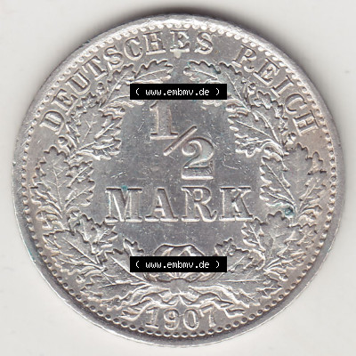 Münzen Deutschland 1871-1918 Kaiserreich Silbermünze 1905-1919, 1/2 Mark A 1907. Rückseite einer Münze aus dem Deutschen Kaiserreich... Sammlung