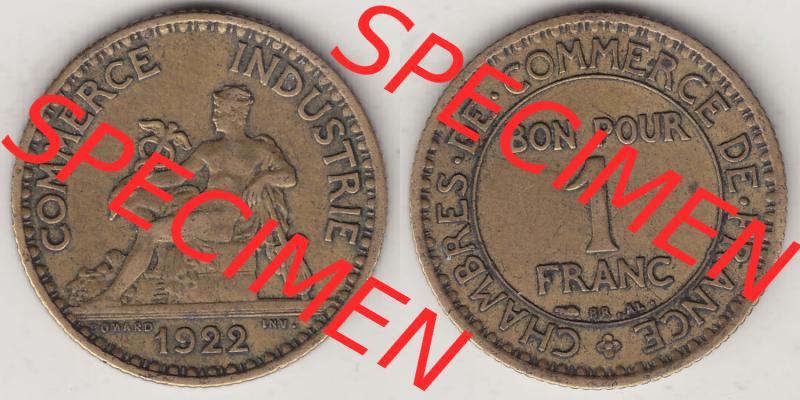 Münzen Frankreich Eurovorläufer, Umlaufmünze vor Euroeinführung 1922-1927, 1 Franken, BON POUR One Franc, 1922-2 CHAMBRES DE COMMERCE DE FRANCE. Rückseite... Sammlung