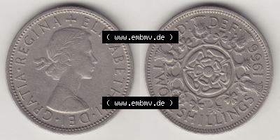 Münzen Großbritannien Eurovorläufer, Umlaufmünze vor Euroeinführung 1954-1970, 2 Schilling - Shillings 1966 (Stück 7). Vorderseite... Sammlung