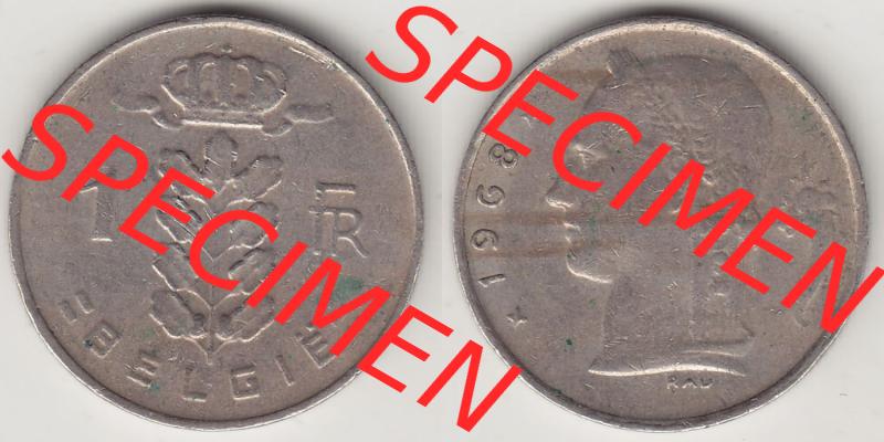 Münzen Belgien Eurovorläufer, Umlaufmünze vor Euroeinführung 1950-1988, 1 FR-Franken 1968 België. Vorderseite und Rückseite Nebeneinander einer Münze... Sammlung
