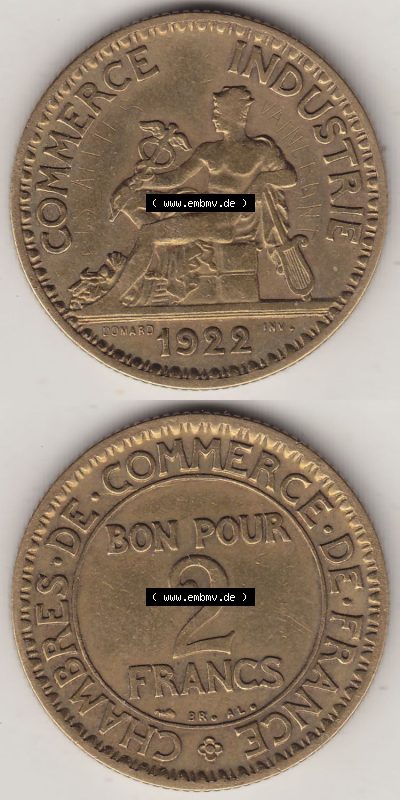 Münzen Frankreich Eurovorläufer, Umlaufmünze vor Euroeinführung 1920-1927, 2 Francs - Franken 1922 (Stück 1). Vorderseite... Sammlung