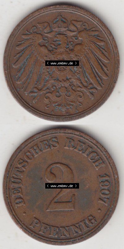 Münzen Deutschland 1871-1918 Kaiserreich 1904-1916, 2 Pfennig A, 1907 (4) Sammlung