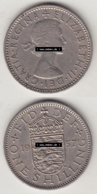 Münzen Großbritannien Eurovorläufer, Umlaufmünze vor Euroeinführung 1954-1970, 1 Schilling - Shilling, 1957 (Stück 2) Wappen... Sammlung