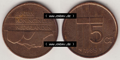 Münzen Niederlande / Netherlands Eurovorläufer, Umlaufmünze vor Euroeinführung 1982-2001, 5 Ct Cent 1985 (Stück 2) Königin... Sammlung