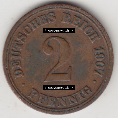 Münzen Deutschland 1871-1918 Kaiserreich 1904-1916, 2 Pfennig A, 1907 (1) Sammlung