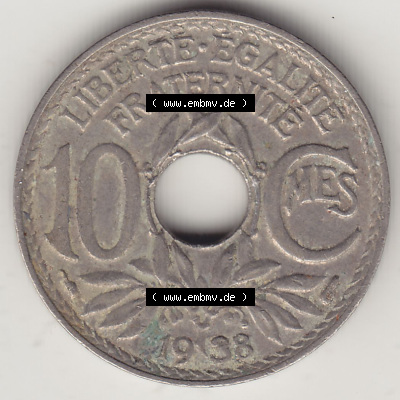 Münzen Frankreich Eurovorläufer, Umlaufmünze vor Euroeinführung 1917-1938, 10 Centimes - Cmes 1938 (Stück 2). Rückseite... Sammlung