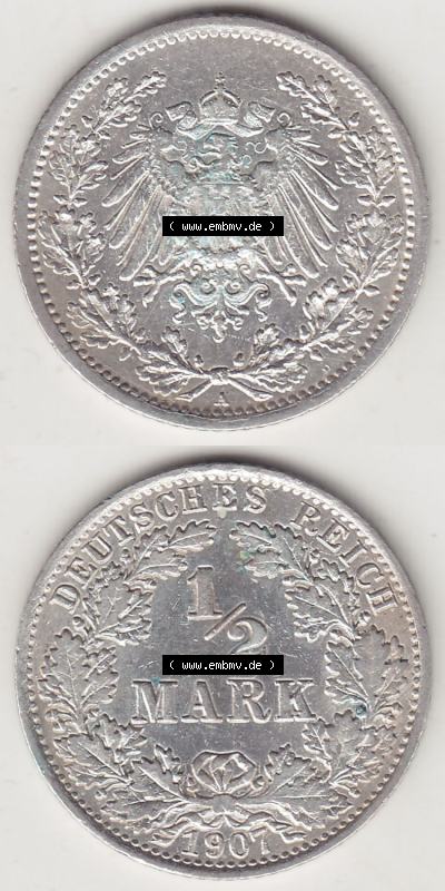 Münzen Deutschland 1871-1918 Kaiserreich Silbermünze 1905-1919, 1/2 Mark A 1907. Vorderseite und Rückseite Vertikal Untereinander,... Sammlung