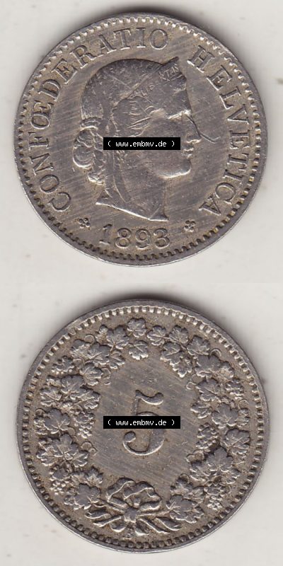 Münzen Schweiz Eurovorläufer, Umlaufmünze 1879-1980, 5 Rappen 1893 Helvetica (4) Sammlung