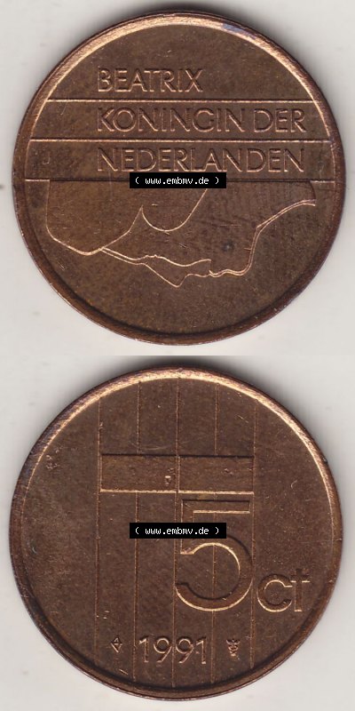 Münzen Niederlande / Netherlands Eurovorläufer, Umlaufmünze vor Euroeinführung 1982-2001, 5 Ct Cent 1991 Königin Beatrix... Sammlung