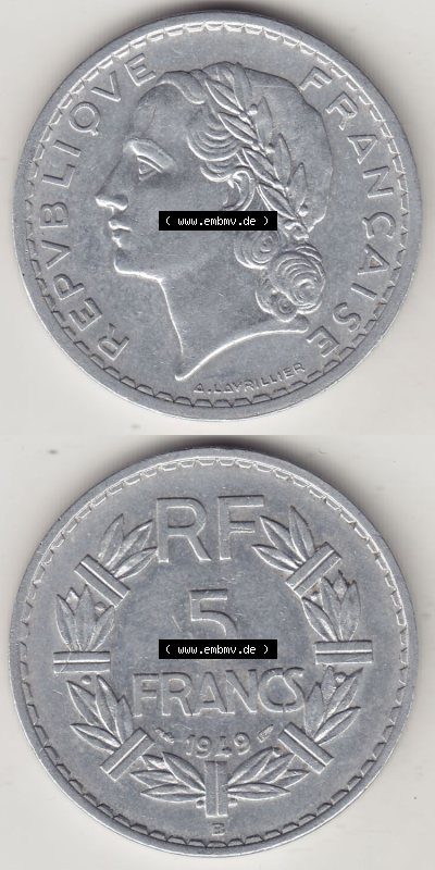 Alte Münzen Frankreich, Kursmünzensatz Zeitraum 1917-1952, der Münze 1945-1952, 5 Franken, Francs 1949 (Stück 1). Rückseite... Sammlung
