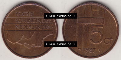 Münzen Niederlande / Netherlands Eurovorläufer, Umlaufmünze vor Euroeinführung 1982-2001, 5 Ct Cent 1987 Königin Beatrix... Sammlung