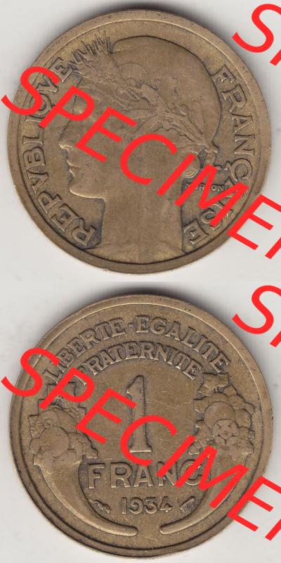 Münzen Frankreich Eurovorläufer, Umlaufmünze vor Euroeinführung 1931-1941, 1 Franken, 1 Franc, 1934-1 LIBERTE EGALITE FRATERNITE. Rückseite und Vorderseite... Sammlung