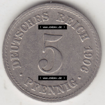 Münzen Deutschland 1871-1918 Kaiserreich 1890-1915, 5 Pfennig A, 1906 (1) Sammlung
