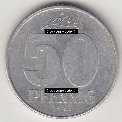 Münzen Deutschland DDR 1958-1990, A 50 Pfennig 1981-1 der DDR-Mark. Rückseite einer 50 Pfennig Münze / Umlaufmünze aus Deutschland der ehemaligen DDR in Europa als... Sammlung