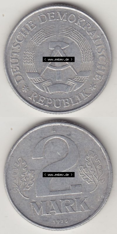 Münzen Deutschland DDR 1972-1990, A 2 Mark 1978. Vorderseite und Rückseite Vertikal Untereinander, passend für Mobile-Geräte,... Sammlung