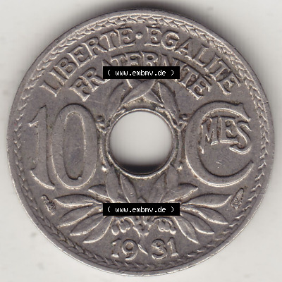 Rückseite einer 10 Cmes / Centimes / Cent Münze aus Frankreich in Europa Sammlung