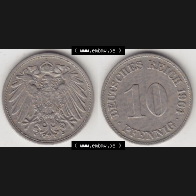 Münzen Deutschland 1871-1918 Kaiserreich 1890-1916, 10 Pfennig D, 1904 (3) Sammlung